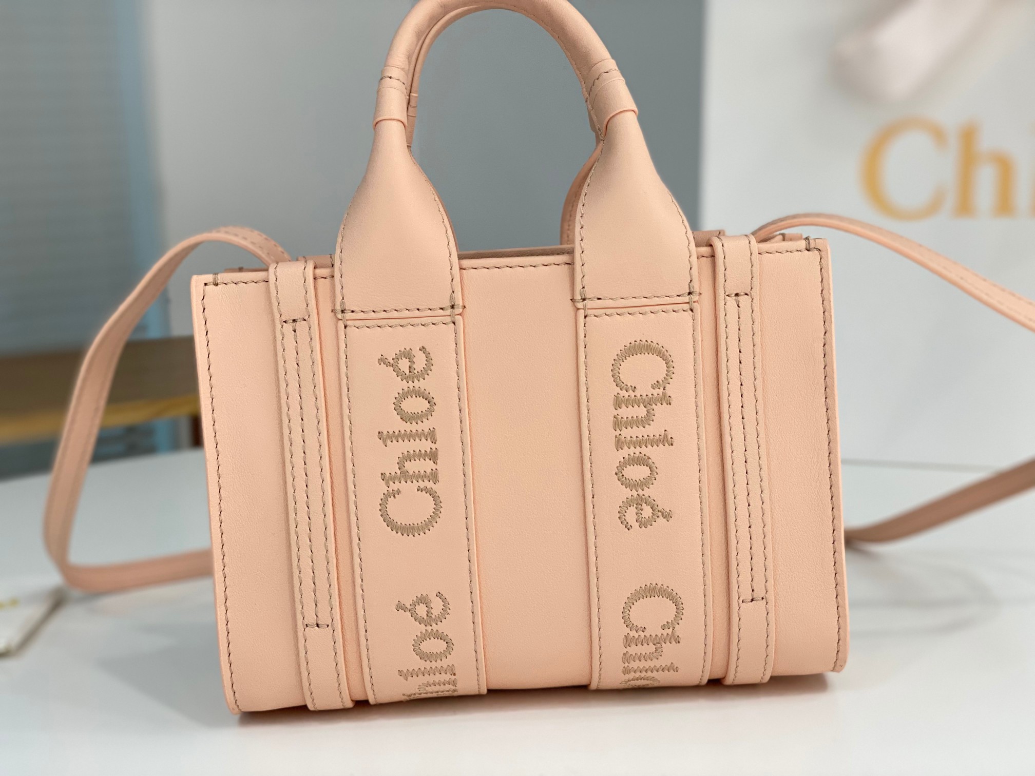 Chloe Mini Woody Tote Bag In Pink Soft Smooth Calfskin Leather